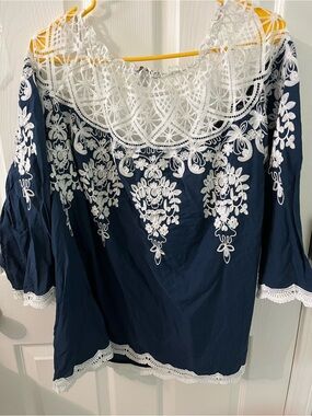 Cato’s Blue Embroidered Lace-Trim Peasant Top